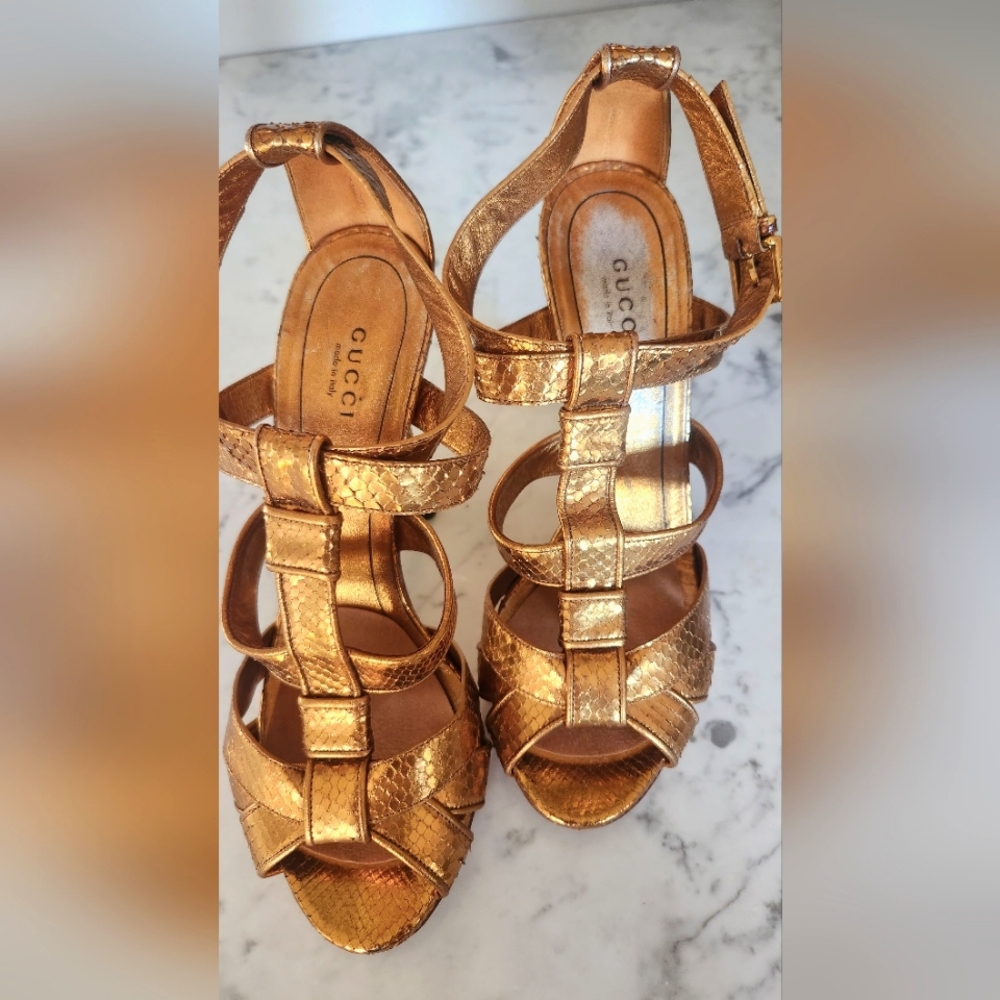 Gucci Metallic Gold Python Style Leather Platform… - image 1